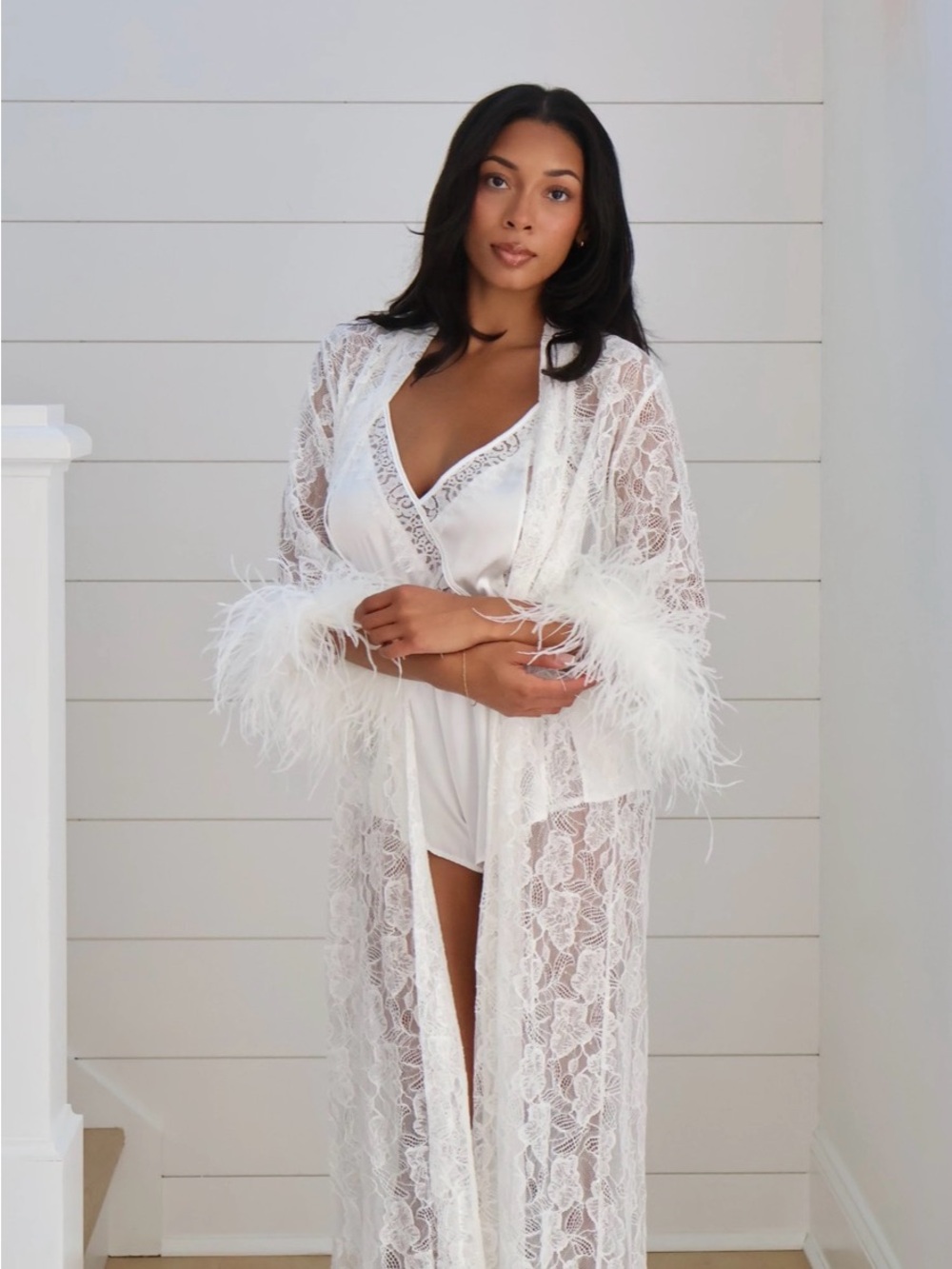 Lace Feather Trim Long Robe - White - Picture 5 of 8